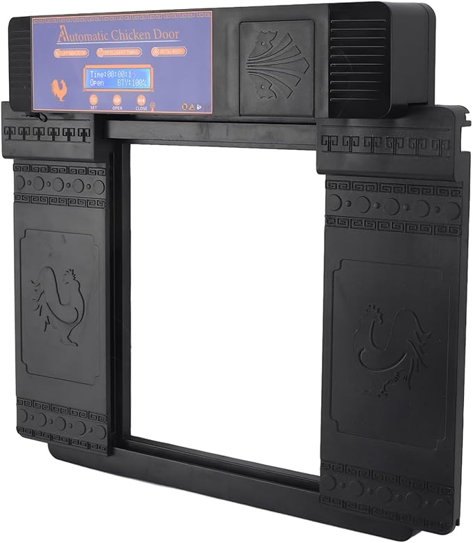 Automatic Chicken Coop Door Opener, Solar Battery Powered with LED Display, Timer Function, Double Doors Electric for Chickens, Ducks, Geese, Easy to Set Opening and Closing Time (Black)