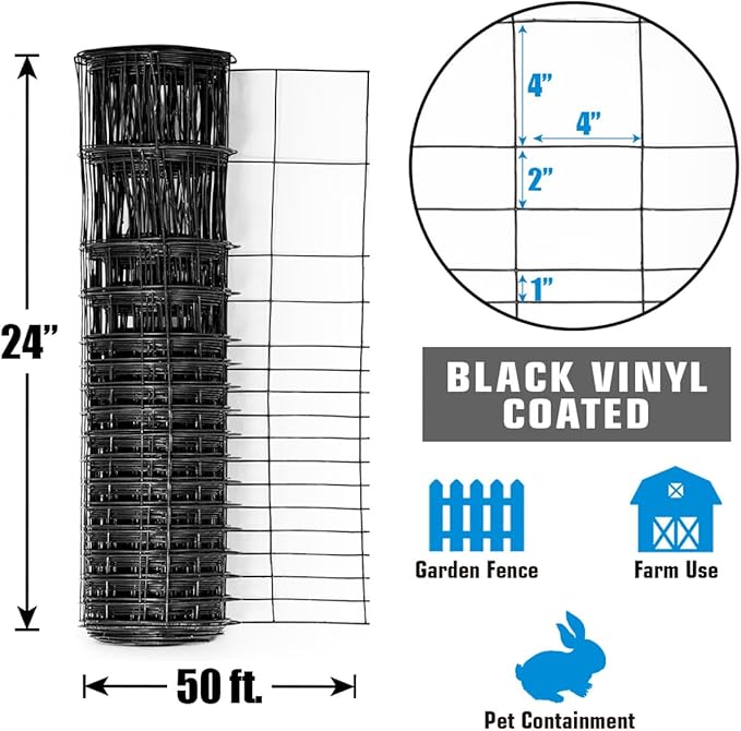 Fencer Wire 16 Gauge Black Vinyl Coated Rabbit Guard Fence, Poultry Fencing Wire Roll for Garden Yard Vegetable Plant, Protecting Against Rabbits, and Other Small Animals Damage (24 in. x 50 ft.)