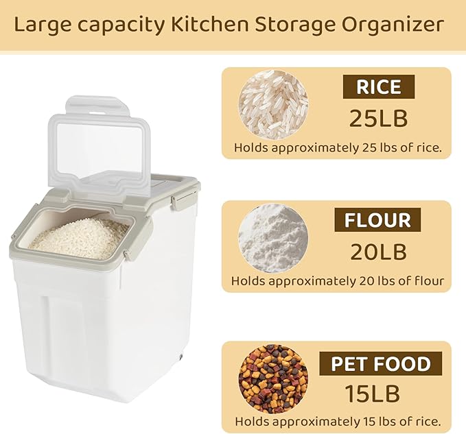 PENCK Rice Storage Container 25 lbs Large Household Flour Sugar Containers Airtight Grain Cereal Dispenser with Wheels, Locking Lid & Measuring Cup for Kitchen Pantry Organization, 2 Pack(Grey)