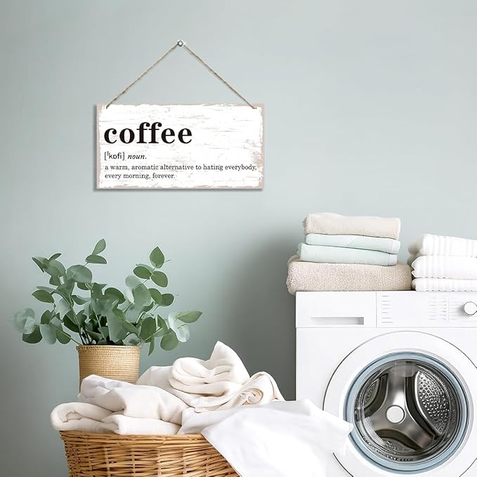Coffee Definition Wooden Sign, Coffee Bar Sign Wall Decoration, Vintage Kitchen Decor, Wood Grain Retro Decor Signs, Cafe Decoration with Rope Hanging 12 x 6 Inches