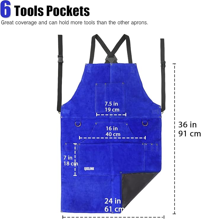 QeeLink Leather Welding Work Apron with 6 Tool Pockets, Heat & Flame Resistant Welder Aprons, 24" x 36", Adjustable M to XXXL