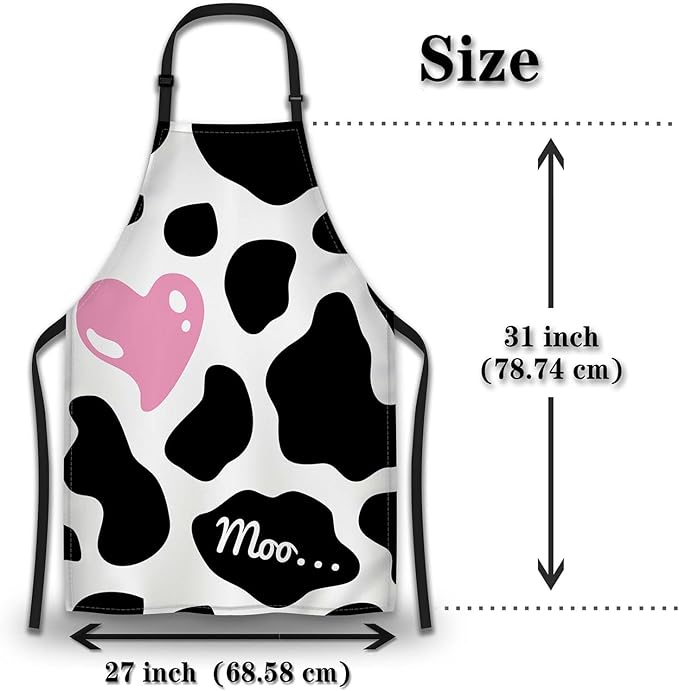 Chef Apron for Men Black and White Cow Print Love Heart Fun Aprons for Women for Kitchen Cooking Restaurant BBQ Painting Crafting 27” (W) x 31” (H), Waterproof Aprons
