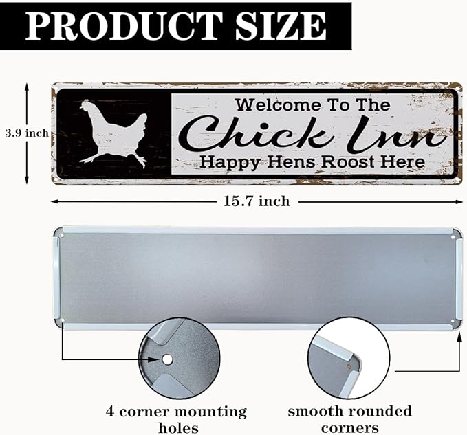Rustic Farmhouse Style Chicken Coop Sign, Metal Outdoor Chicken House Signs, Chick Inn signs, Retro Metal Tin Sign, Farmhouse Decor, Backyard Hen House Gift 15.8x4 Inch