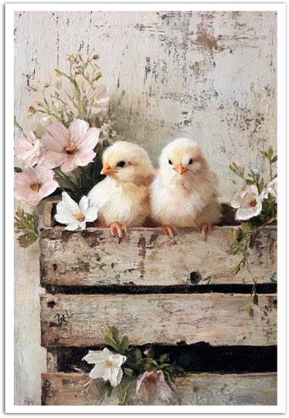MNFGMH Farmhouse Easter Canvas Spring Chicks with Flowers Rustic Country Wall Art Spring Easter Wall Decoration Canvas Roll 20x30 inch