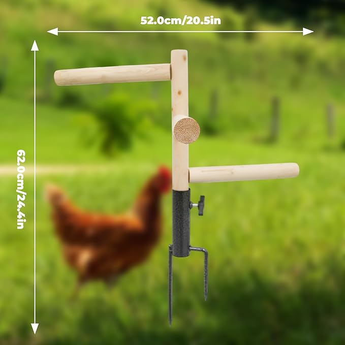 Chicken Perch Toy for Coop, Wooden Perch Stand with Metal Ground Plug for Chicken House Accessories, Chicken Enrichment Toys, Toys for Chicken, Hens, Geese, Ducks, Turkeys, Poultry