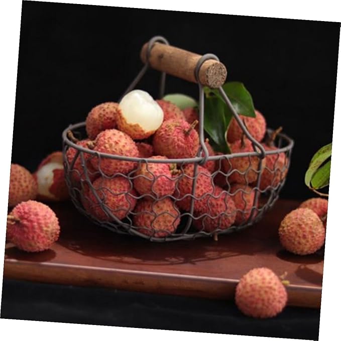 Vintage Rustic Metal Mesh Fruit and Egg Storage Basket Set with Wooden Handles, 2pcs Gray Black and Cream White Farmhouse Style Kitchen Organizer for Countertop and Tabletop Use