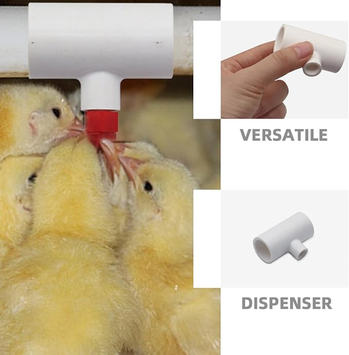 DECHOUS 10pcs PVC Threaded Tee Fittings for Automatic Chicken Waterer Poultry Nipple Waterer System Farm Use with 4-Way Connector for Chickens Ducks Geese