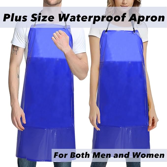 Waterproof Rubber Vinyl Work Apron -42.5" x 33.8" Plus Size Double Reinforced Chemical Resistant PVC Blue Bib Apron
