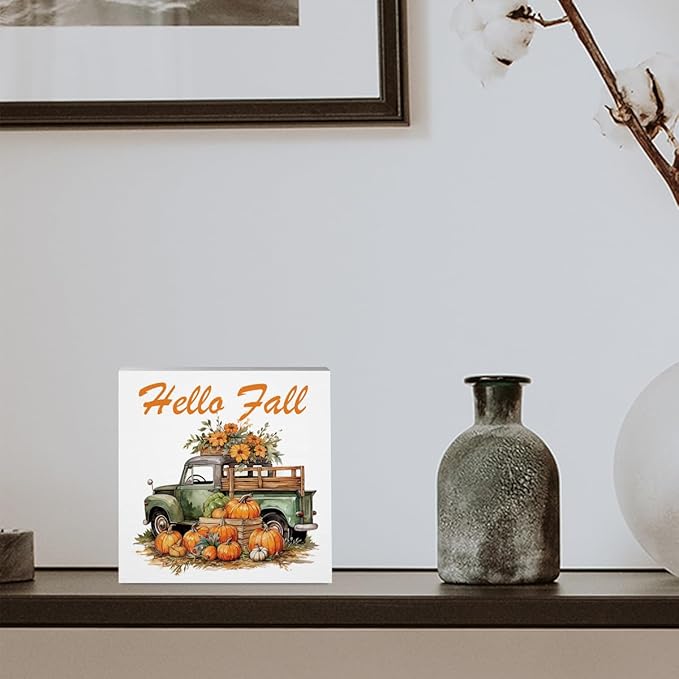 Fall Decorations for Home Farmhouse Office Bedroom Kitchen, Pumpkins Truck Decor, Hello Fall Sign, Autumn Decor Wood 2401