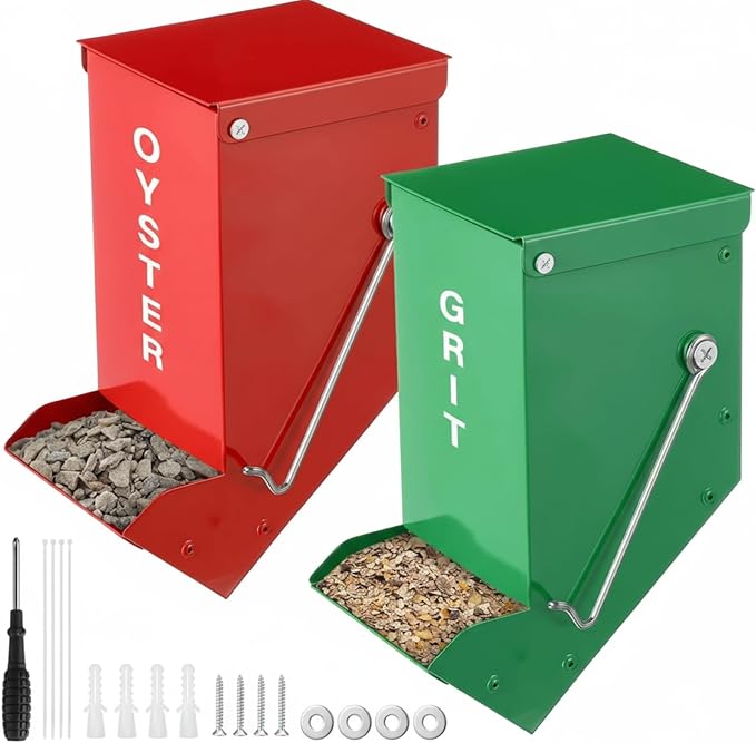 Zonon 2 Pcs Chicken Oyster Shell and Grit Feeder Metal Automatic Feeder with Lid Chicken Coop Accessories Multiple Installation Methods for Hens Chicks Cages Wall Pillar(Green and Red)