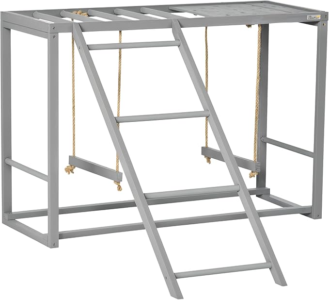 PawHut Chicken Activity Play with Swing Set for 3–4 Birds, Wooden Chicken Coop Accessory with Multiple Perches & Hen Ladder, Gray