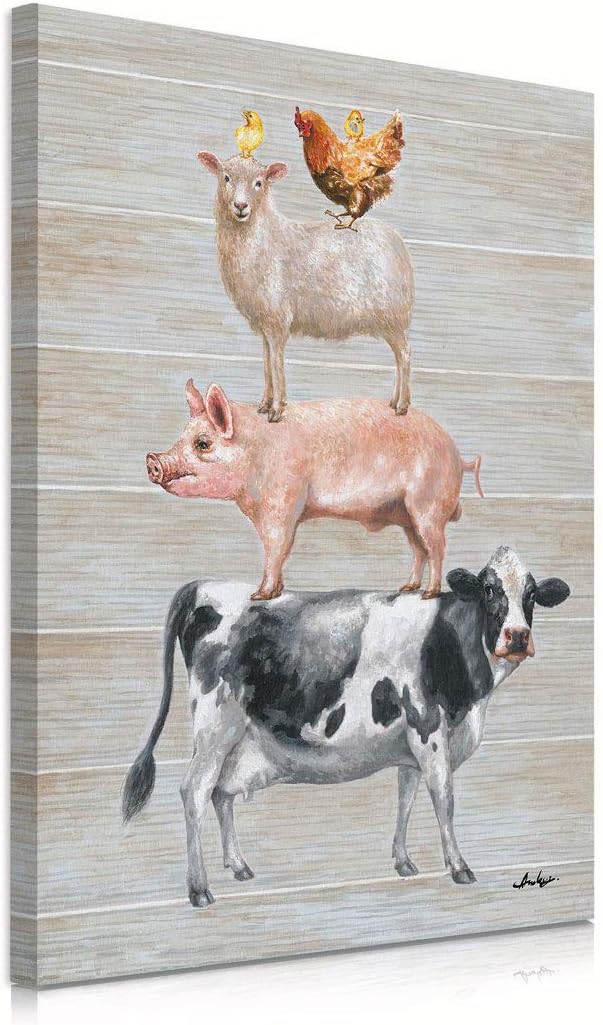 Yidepot Farmhouse Wall Decor Canvas Print: Farm Animals Cow Pig Sheep and Rooster Sit on Top of Each Other Inspirational Posters for Kitchen Framed Ready to Hang (12"x15"x1 Panel)