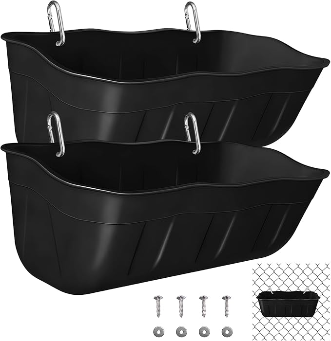 Hanging Chicken Feeders,Duck Feeder Waterer,Small Feed Trough 1.3 Quart 2 Pack,Hanging Fence Feed Trough for Poultry,Black