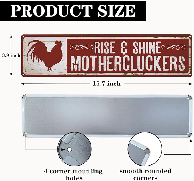 Rooster Decor, Rise & Shine Mothercluckers Sign 15.8x4 inches, Funny Chicken Sign, Retro Metal Tin Signs, Farmhouse Home Garden Decor, Chicken Lover Decoration Gift