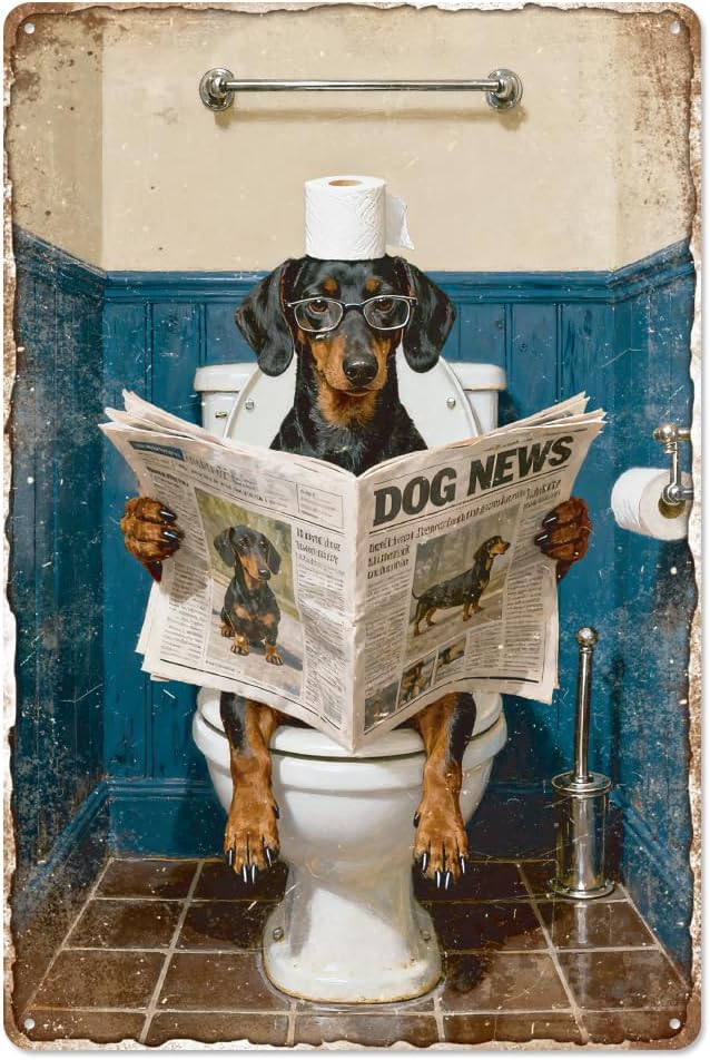 WADORN Funny Dachshund Vintage Metal Tin Sign, 8x12 Inch Bathroom Dachshund On Toilet Wall Decor for Home Office Washroom Restroom Toilet Weiner Dog Rustic Retro Art Plaque Gifts for Dogs Lover
