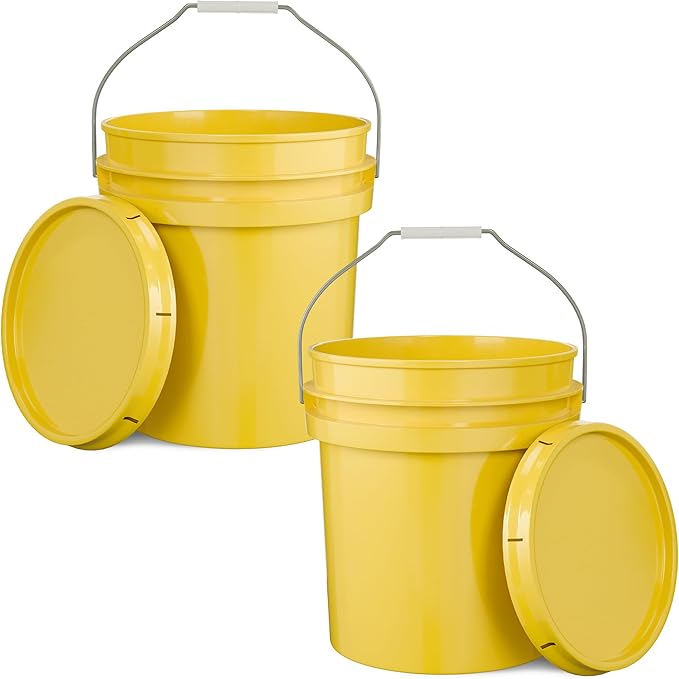 EconoHome 5-Gallon Yellow Bucket Pail Container with Lid | Metal Handles with Plastic Grip for Easy Carrying | Easy Stack and Store | Heavy-Duty Extra Durable | Food Grade | BPA Free - 2 Pack