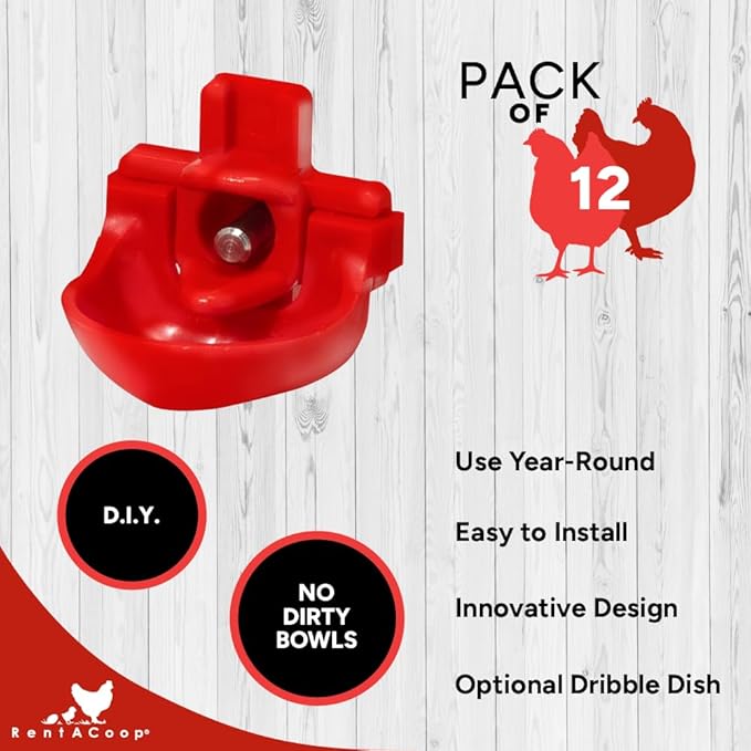RentACoop DIY Waterer Kit - Horizontal Nipples with Dribble Dish and Installation Tool - Great for Chickens, Turkeys, Peafowl, and Other Poultry - 12 Pack