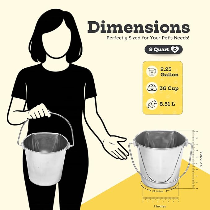 Flat Side Stainless Steel Bucket 9 Quart Hanging Feeding Utility Pail for XL Dog Goat Sheep Horse Livestock, Fits Kennel Cage Farm, Heavy Duty Food & Water Feeder, 2.25Gallon Silver 2Pack