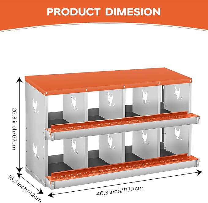 Chicken Nesting Box,8 Compartments Nesting Box for Chickens, Two-Tier Galvanized Metal Wall Mount Chicken Egg Laying Box with Large Vented Holes for Easy Egg Collection ﻿