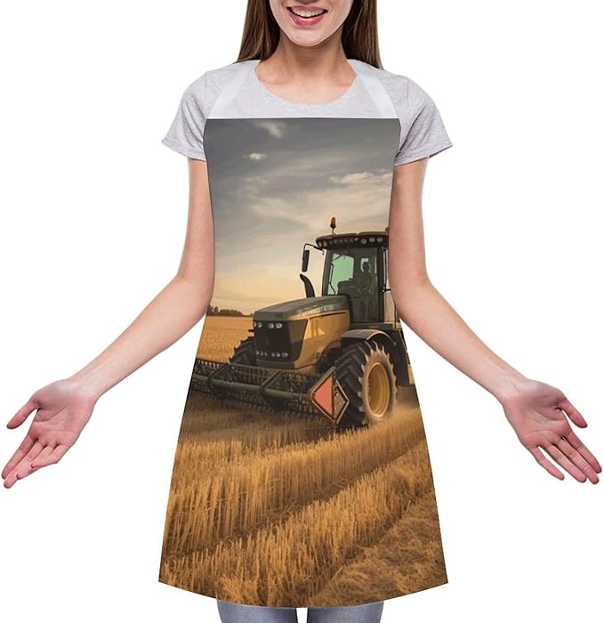 Farm Tractor Harvest Apron with Pockets Water And Oil Resistant Kitchen Aprons Professional Adjustable Bib Apron for Women Men