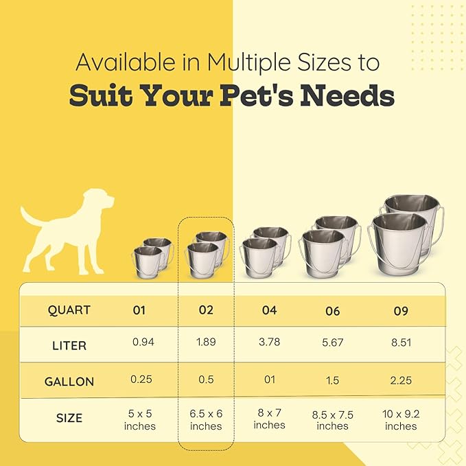 Flat Sided Stainless Steel Bucket 2 Quart Hanging Feeding Pail for Small Dogs Cats Birds, Fits Kennel Cages Compatible, Heavy Duty Food and Water Feeder, 0.5 Gallon Silver Buckets 2 Packs