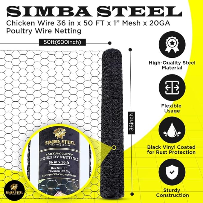 36” x 50 FT PVC Hexagonal Poultry Netting Chicken Wire | 1" Mesh | 20 Gauge | Black PVC Vinyl Coated | Rust Proof | for Garden, Fence, Chicken, Rabbit, Pet Enclosures