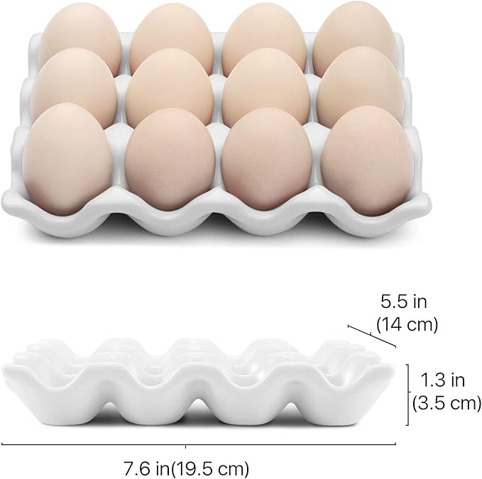 Flexzion Egg Ceramic & Porcelain Egg Holder, 12-Piece Non-Slip Tray Storage Box, White
