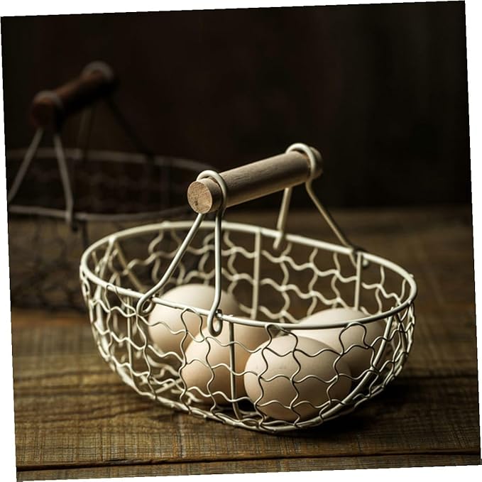 2pcs Wooden Handle Metal Mesh Storage Baskets Vintage Farmhouse Style Kitchen Fruit Vegetable Organizer Egg Gathering Basket Set