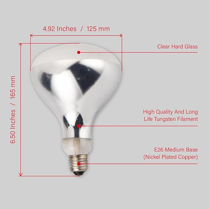 Incandescent R40 Reflector Infrared Lamp, Explosion Proof Clear Glass, with Teflon Coating, E26 Base, Heat Lamp Bulb 375W Special for Food Service Industry, 2 Pack (R40INCT)