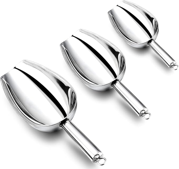 Stainless Steel Scoop Set of 3 (3-5-8 Ounce), E-far Small Metal Scoops for Candy/Flour/Dry Goods/Sugar/Ice Cube, Heavy Gauge Kitchen Utility for Canisters/Jars, Rust Free & Dishwasher