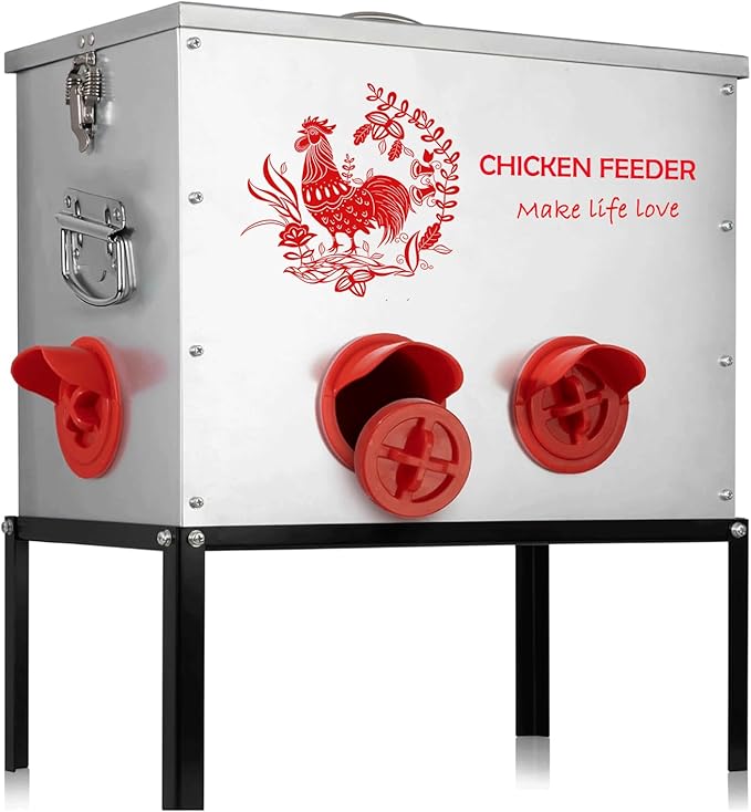 1pc 40 lb Chicken Feeder Box-6 Ports Large Metal Automatic Chicken Feeder Rat Proof with Locking Lid and Legs Galvanized for Chickens, Ducks, Geese(T1)