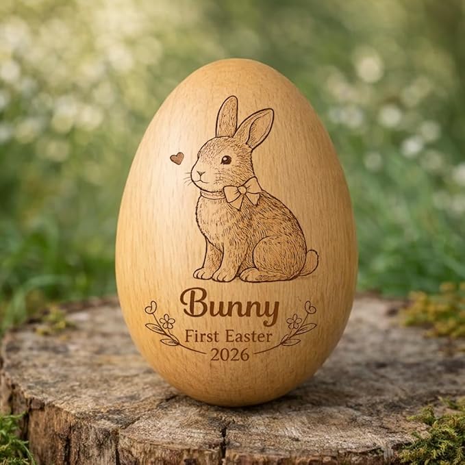 Personalized Wooden Easter Egg – Custom Engraved Bunny Name Egg, Baby First Easter Keepsake Gift, Rustic Wood Bunny Decor, Cute Basket Stuffer for Kids, Spring Holiday Gift for Baby Boy Girl/1