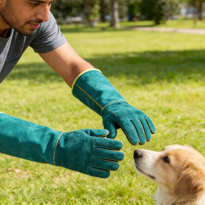 24.4 Inch Animal Handling Gloves Bite Proof, Thickened Cowhide Leather Scratch Resistant for Dog Training, Pet Grooming, Parrot & Hawk Grabbing, Wildlife Protection (1 Pair)