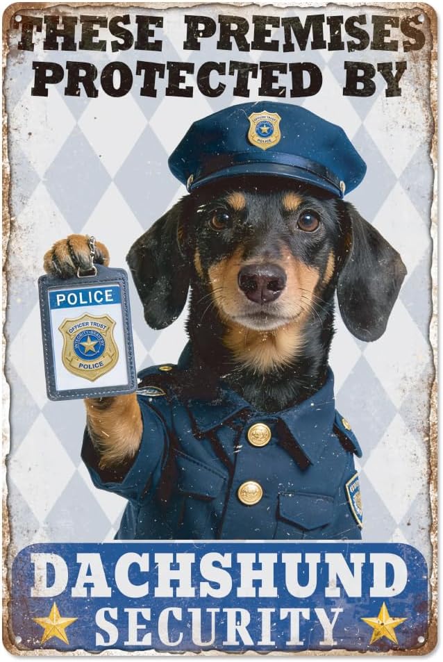 WADORN Dachshund Security Warning Vintage Sign, 8x12 Inch These Premises Protected By Dachshund Security Retro Tin Sign Dog Patrolled Property Decor for Home Outdoor Coffee Shop Traffic Road Garden