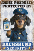 WADORN Dachshund Security Warning Vintage Sign, 8x12 Inch These Premises Protected By Dachshund Security Retro Tin Sign Dog Patrolled Property Decor for Home Outdoor Coffee Shop Traffic Road Garden