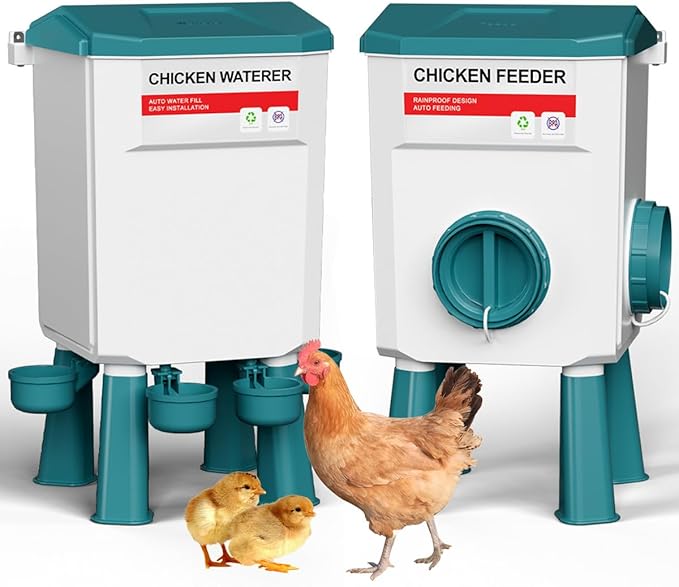 Chicken Feeder and Waterer Set, 1.9 Gallon/17.7 Pounds, Automatic Chicken Feeders and Chicken Waterer, Detachable for Chickens, Duck & Quail Coop Use, Outdoor Farm & Backyard (Lake Blue)