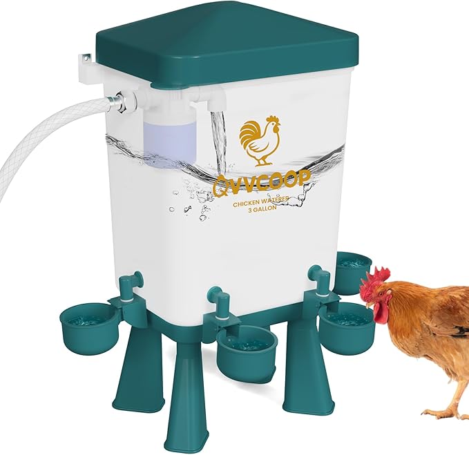Automatic Chicken Waterer with Float Valve, Float Control Poultry Waterer with Hose for Duck Turkey, Chicken Coop Accessories, Standing/Hang Use, 3 Gallon(Upgraded), Blue