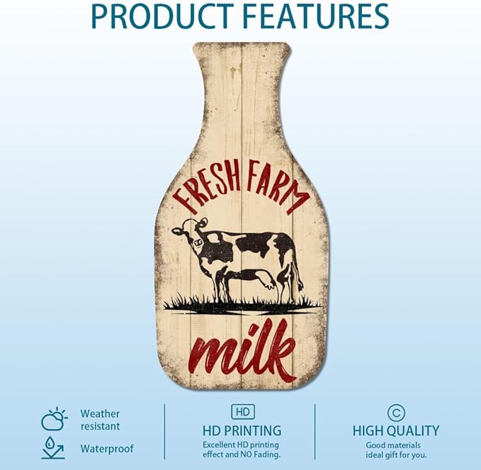 GLOBLELAND "Fresh Farm Milk" Vintage Metal Tin Sign 10.6x5.4inch Retro Milk Bottle Plaque Poster Cow Metal Wall Decorative Tin Signs for Home Kitchen Restaurant Coffee Shop Club Bar Decoration