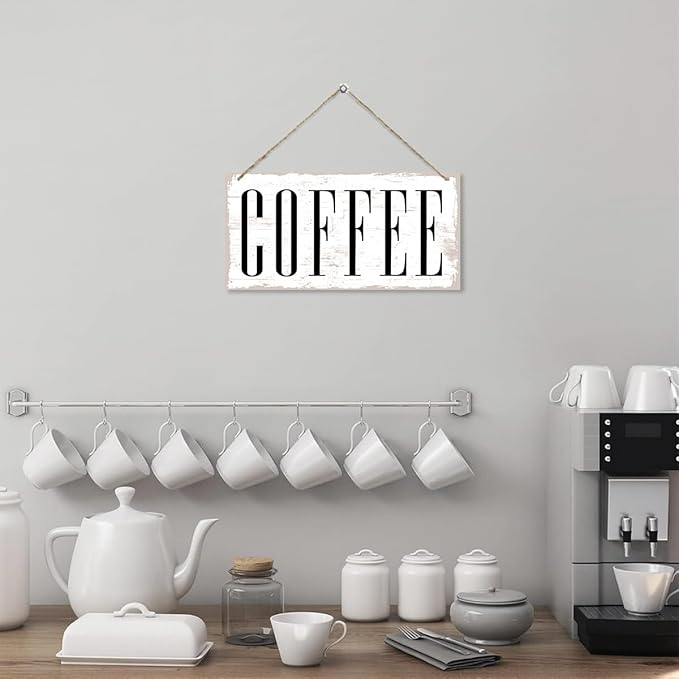 Coffee Wooden Hanging Sign, Wood Grain Retro Decoration, Vintage Kitchen Decor, Coffee Bar Sign Wall Decor, Cafe Decoration with Rope Hanging 12 x 6 Inches