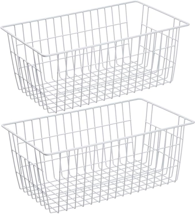 SANNO Freezer Baskets Pantry Storage Baskets Bin Wire Metal Storage Basket, Modern Farmhouse Metal Closet Bins Large Storage Organizer for Pantry, Shelf, Kitchen, Cabinet, Bathroom, White