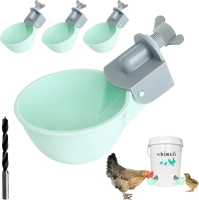 (4 Pack) Chicken Water Cups Feeder, Automatic Chicken Waterer, Anti-Leak System, Holds 50% More Water, Suitable for Chicks, Chicken, Duck, Quail, Turkey