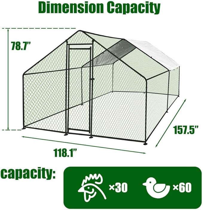 Large Metal Chicken Coop with Run, Walkin Poultry Cage for Outdoor and Yard Farm Use, Waterproof Cover, Duck Rabbit Cat House Chicken Run Pen (13.1'L x 9.8'W x 6.6'H)