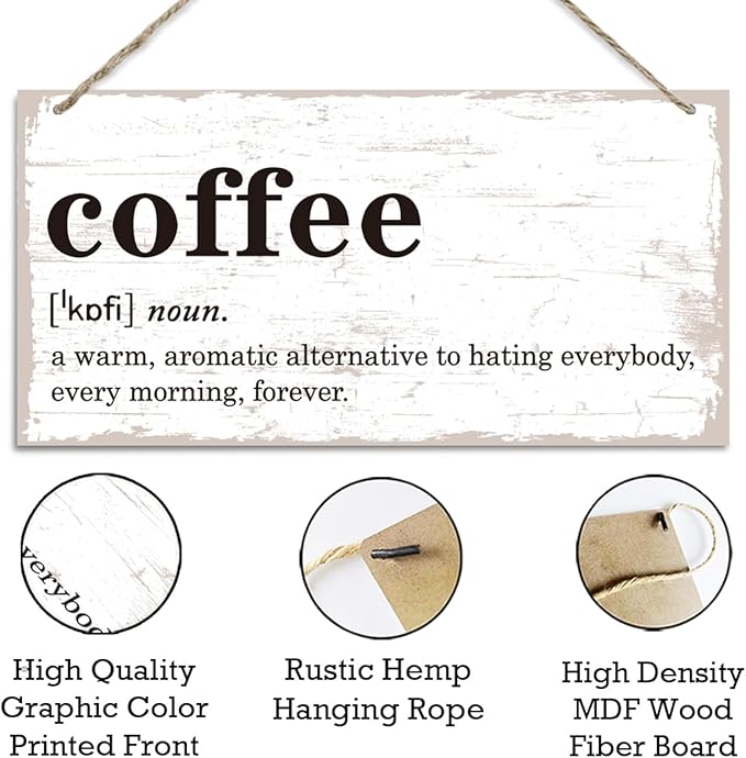 Coffee Definition Wooden Sign, Coffee Bar Sign Wall Decoration, Vintage Kitchen Decor, Wood Grain Retro Decor Signs, Cafe Decoration with Rope Hanging 12 x 6 Inches