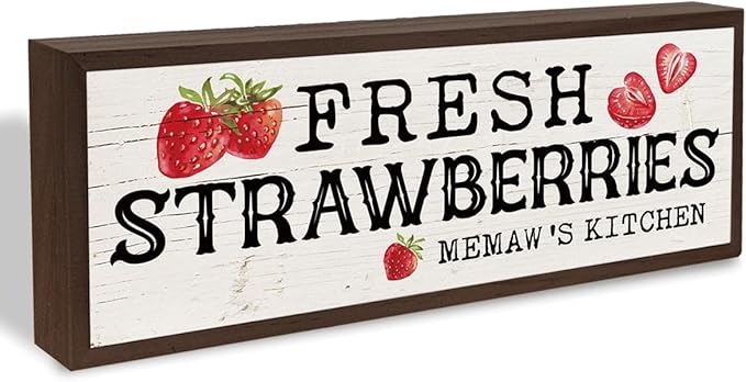 Memaw 's Kitchen Sign, Fresh Strawberries Sign, Country Style Tabletop Decor, Framed Wood Hanging Signs, Home Kitchen Wall Art, Gift for Mimi Grandma 9.5x3.1x1 inches