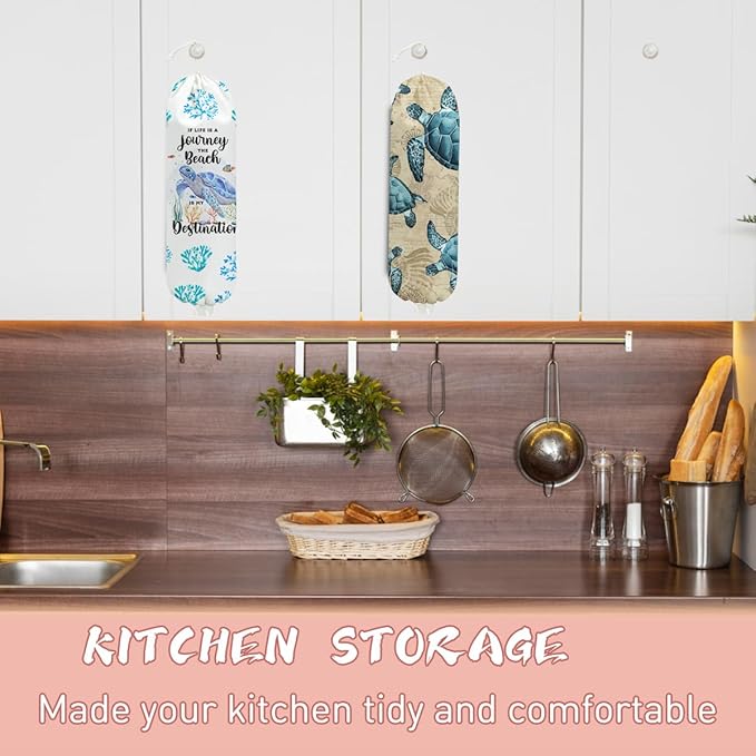 2PCS Sea Turtle Plastic Bag Holder, Wall Mount Grocery Bag Holder for Plastic Storage bag, Ocean Theme Storage Organizer Reusable Grocery Bags Kitchen Dispenser, Turtle Gifts for Women Mom Grandma