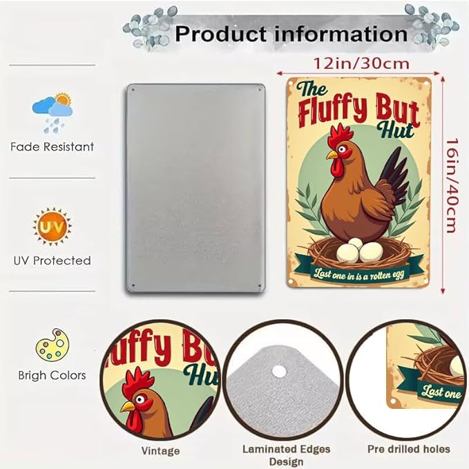 Fluffy Butt Hut Chicken Coop Sign Decorative Outdoor Yard Art for Farmhouse Decor 12x16 Inch