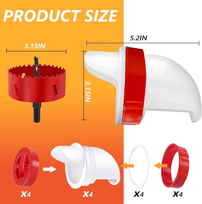 MAFONE DIY Chicken Feeder No Waste,Mess Cups Kit for Gravity Automatic Chickens Bucket Feeder Fit for Buckets, Barrels, Bins,Troughs,Rain Proof Poultry Feeder Port(4 White Red Ports,1 Hole Saw)