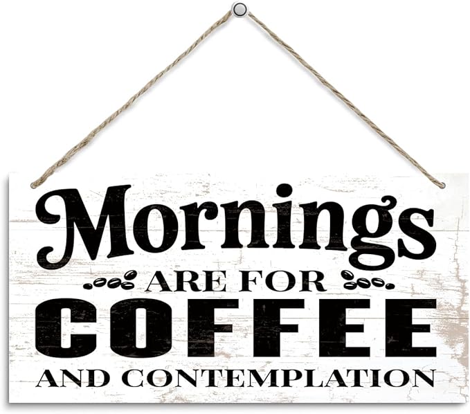 Coffee Bar Wooden Hanging Decor, Mornings are for Coffee and Contemplation Sign, Vintage Kitchen Decor, Rustic Farmhouse Cafe Decoration Accessories 12 x 6 Inches
