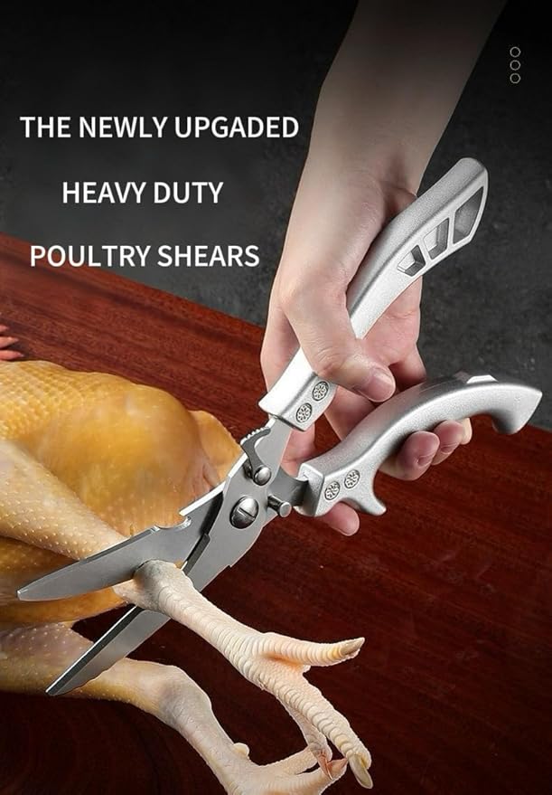 Heavy Duty Poultry Shears with Fish Scaler, Spring Loaded Kitchen Scissors for Food, 2CR14 Steel, Safety Lock, Silver Handle, Dishwasher Safe – Tutuyao Chicken Turkey Meat Fish Scissors