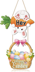 CHDITB Easter Bunny Wooden Sign, Happy Easter Wood Hanging Plaque With Carrot, Spring Rabbit Front Door Sign, Eggs Basket Wall Art Sign Hanger, Welcome Wall Decor For Outdoor Porch Yard Home Decor